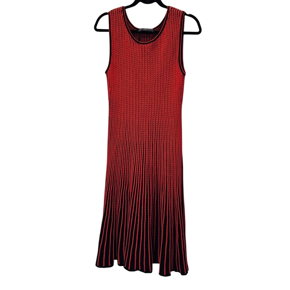 Peruvian Connection Estero Dress Red Black Pima Cotton Knit Midi Sleeveless L